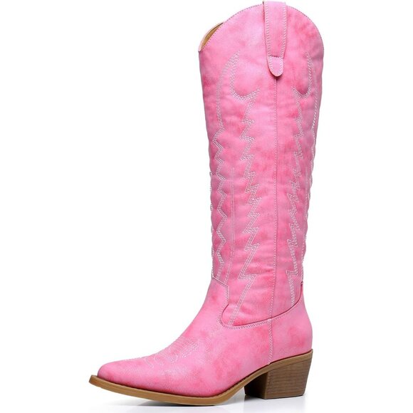 Women's Pink Knee High Long Pointed Toe Classic Western Cowboy Boots With Zip - Picture 1 of 7